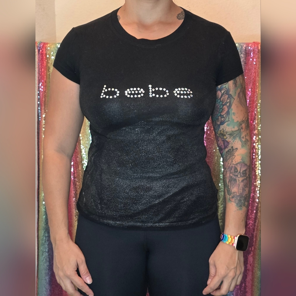 Bebe Silver black rhinestone T shirt Medium